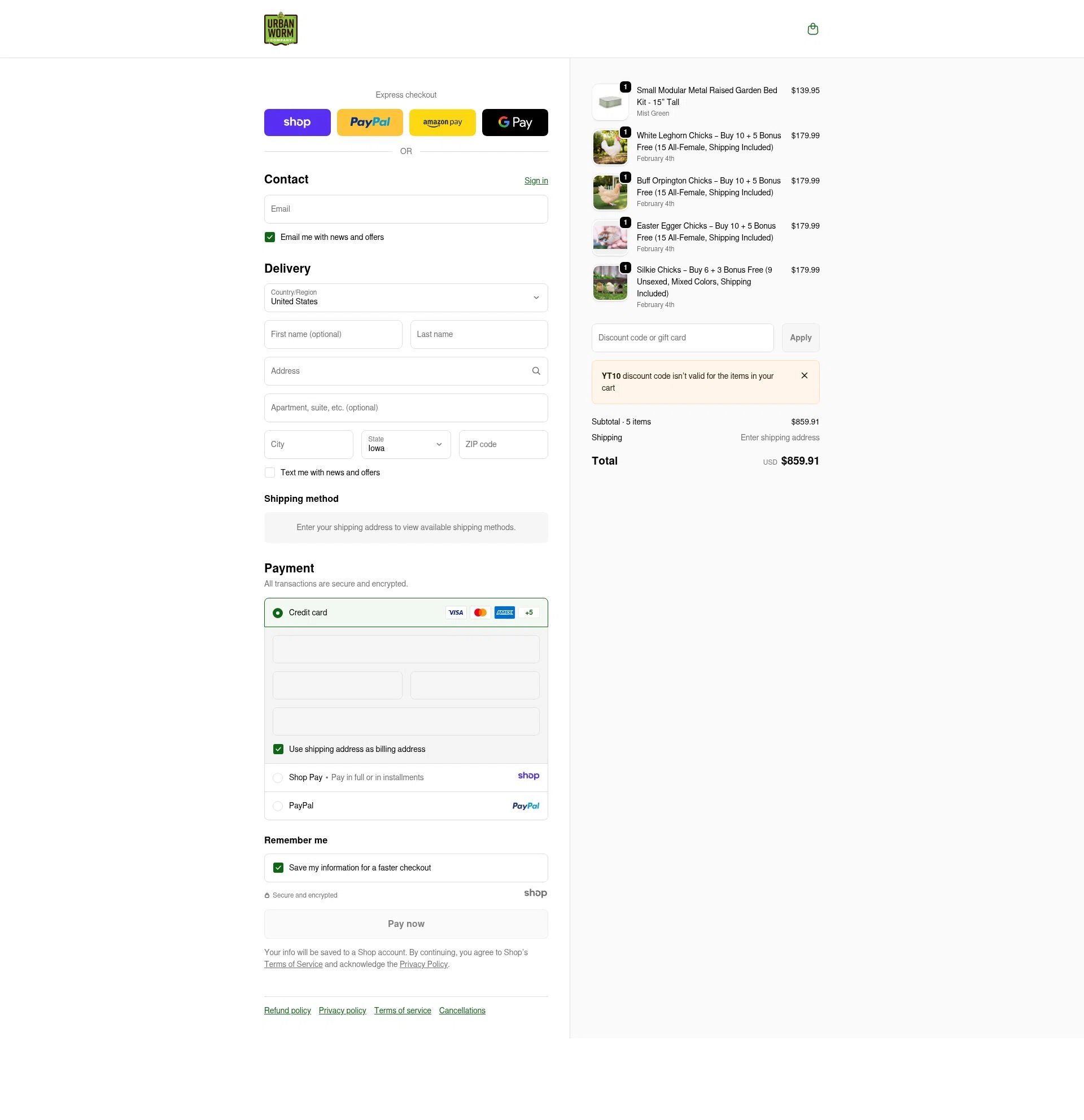 Urban Worm Company checkout page showing Urban Worm Company promo code box | Screenshot taken by SimplyCodes community member on Jan 2, 2026