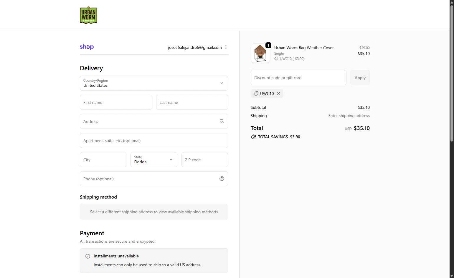 Urban Worm Company checkout page showing Urban Worm Company promo code box | Screenshot taken by SimplyCodes community member on Jan 8, 2026