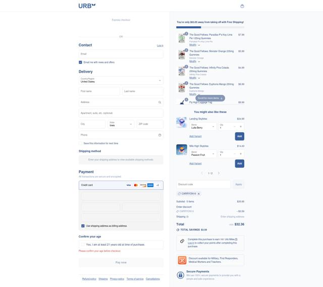 Urb checkout page showing Urb coupon code box | Screenshot taken by SimplyCodes community member on Sep 9, 2025