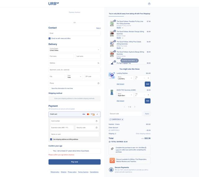 Urb checkout page showing Urb coupon code box | Screenshot taken by SimplyCodes community member on Sep 12, 2025