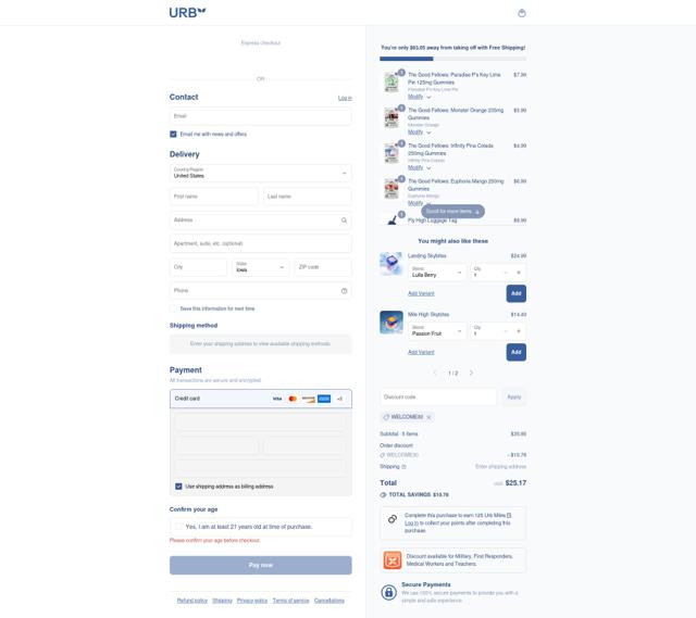 Urb checkout page showing Urb coupon code box | Screenshot taken by SimplyCodes community member on Sep 9, 2025