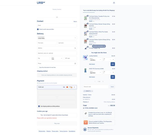 Urb checkout page showing Urb coupon code box | Screenshot taken by SimplyCodes community member on Sep 12, 2025