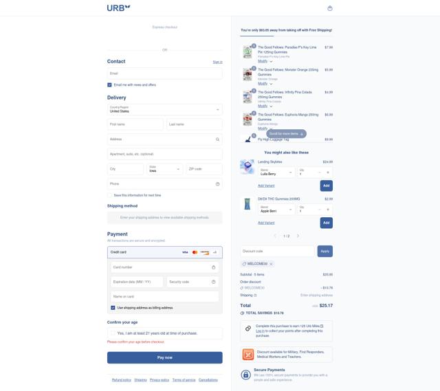 Urb checkout page showing Urb coupon code box | Screenshot taken by SimplyCodes community member on Sep 12, 2025