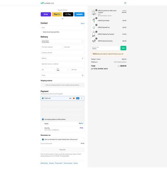 Urevo checkout page showing Urevo discount code box | Screenshot taken by SimplyCodes community member on Sep 10, 2025