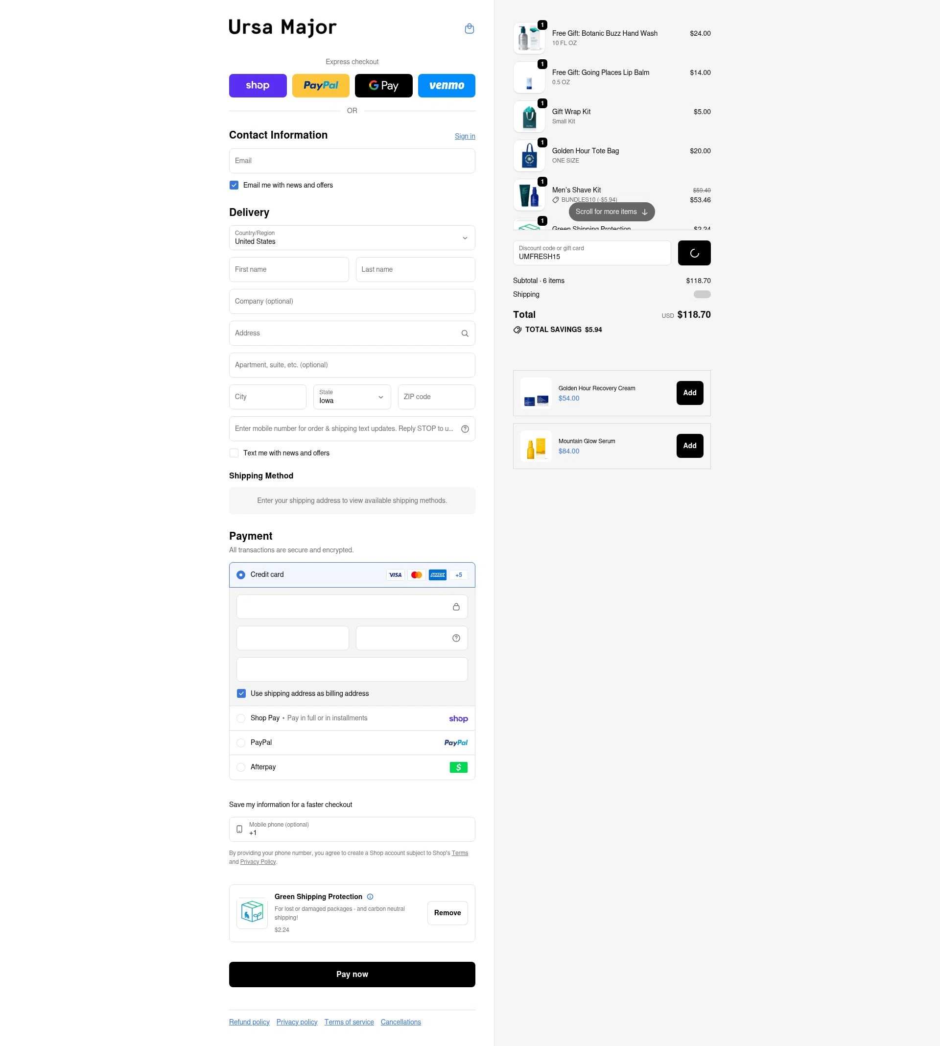 Ursa Major Skincare checkout page showing Ursa Major Skincare promo code box | Screenshot taken by SimplyCodes community member on Feb 9, 2026