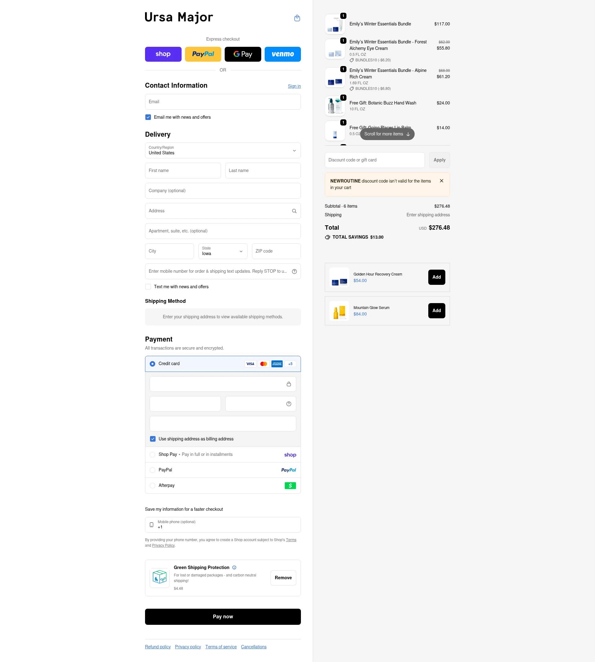 Ursa Major Skincare checkout page showing Ursa Major Skincare promo code box | Screenshot taken by SimplyCodes community member on Feb 13, 2026