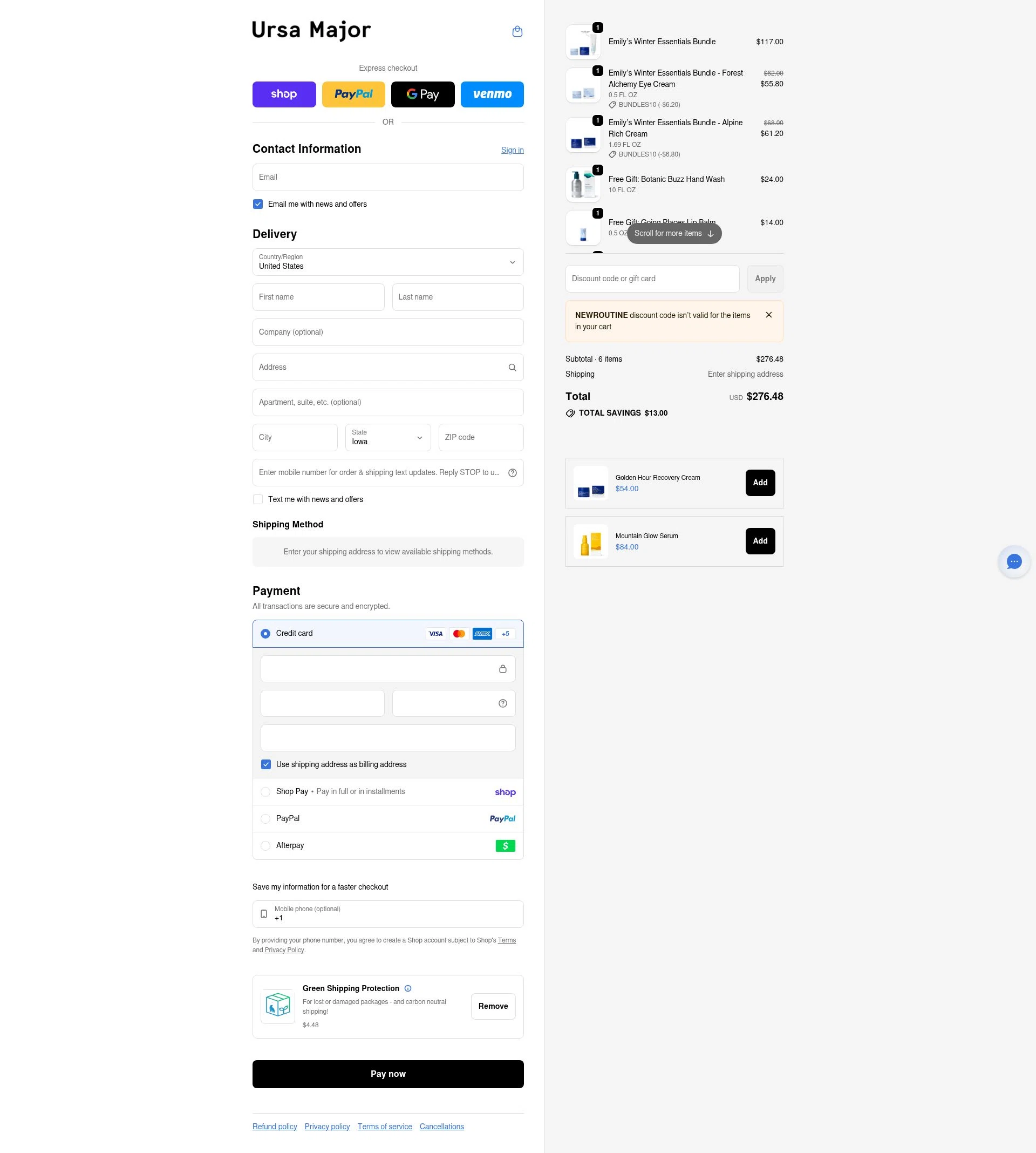 Ursa Major Skincare checkout page showing Ursa Major Skincare promo code box | Screenshot taken by SimplyCodes community member on Feb 17, 2026