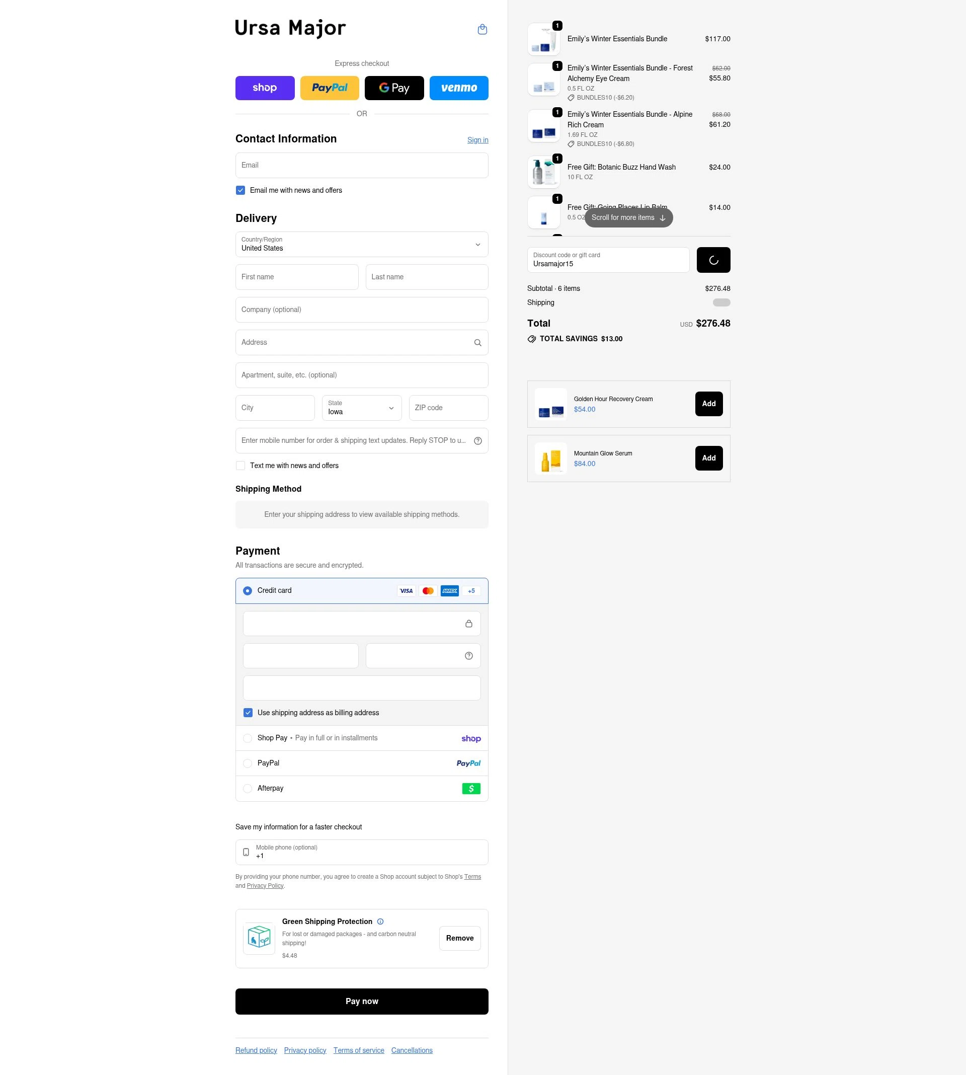 Ursa Major Skincare checkout page showing Ursa Major Skincare promo code box | Screenshot taken by SimplyCodes community member on Feb 17, 2026