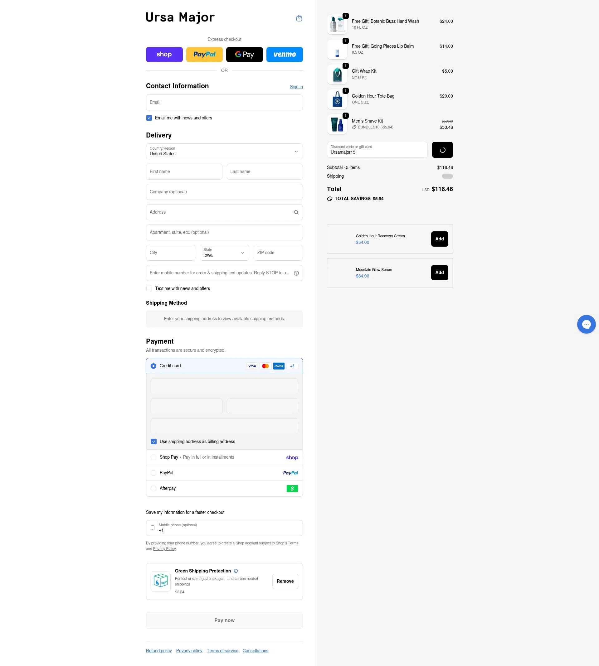 Ursa Major Skincare checkout page showing Ursa Major Skincare promo code box | Screenshot taken by SimplyCodes community member on Feb 9, 2026