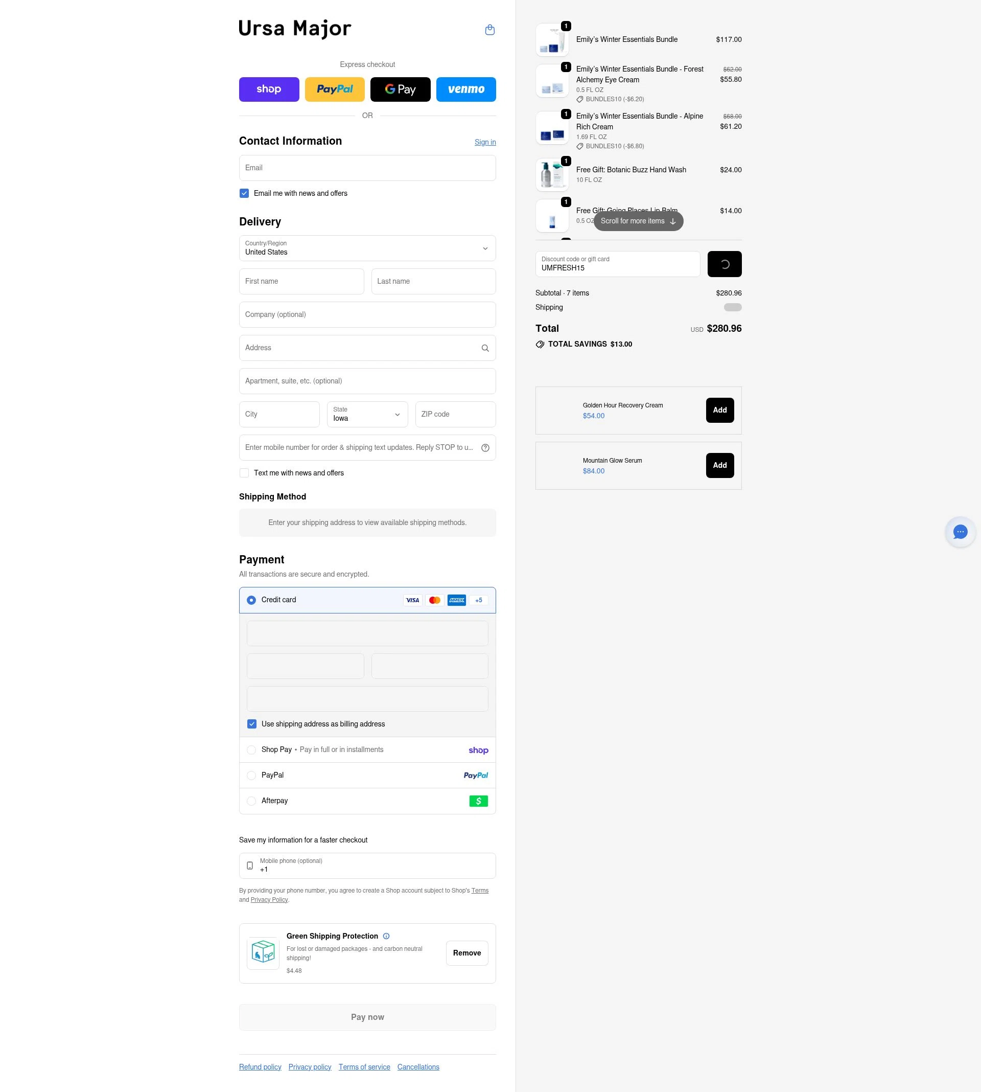 Ursa Major Skincare checkout page showing Ursa Major Skincare promo code box | Screenshot taken by SimplyCodes community member on Feb 13, 2026