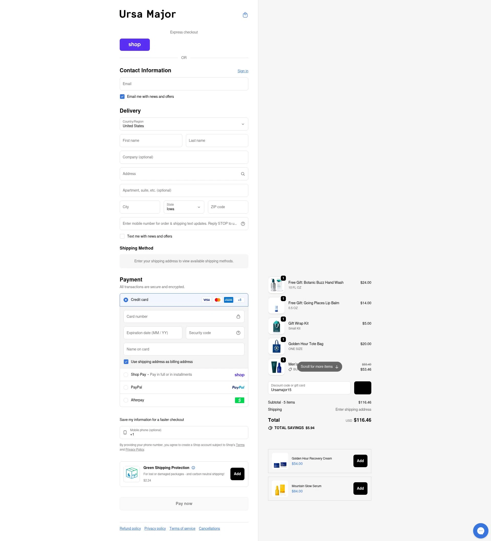 Ursa Major Skincare checkout page showing Ursa Major Skincare promo code box | Screenshot taken by SimplyCodes community member on Feb 4, 2026