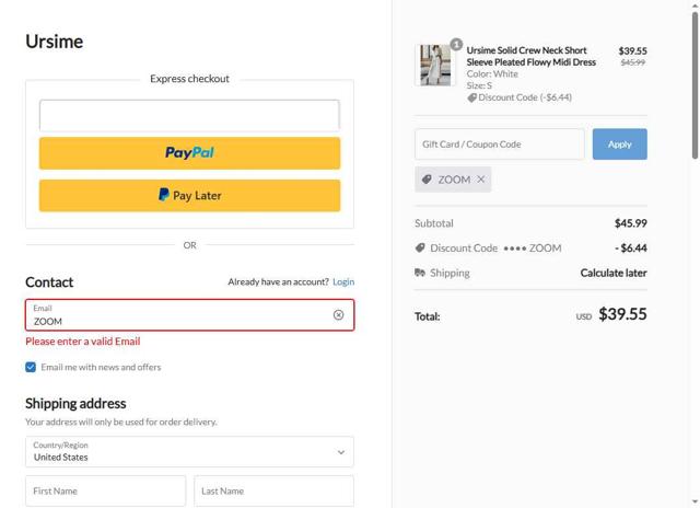 Ursime checkout page showing Ursime coupon code box | Screenshot taken by SimplyCodes community member on Sep 1, 2025