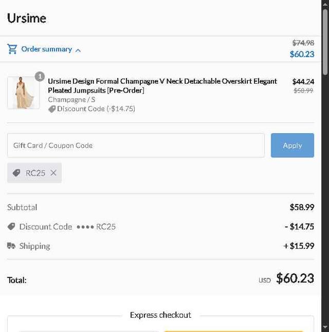 Ursime checkout page showing Ursime coupon code box | Screenshot taken by SimplyCodes community member on Sep 4, 2025