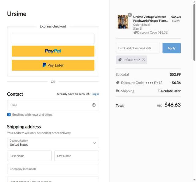 Ursime checkout page showing Ursime coupon code box | Screenshot taken by SimplyCodes community member on Sep 11, 2025