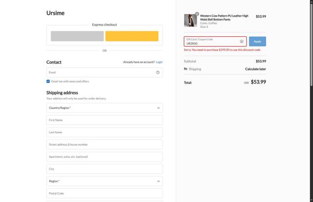 Ursime checkout page showing Ursime coupon code box | Screenshot taken by SimplyCodes community member on Aug 30, 2025