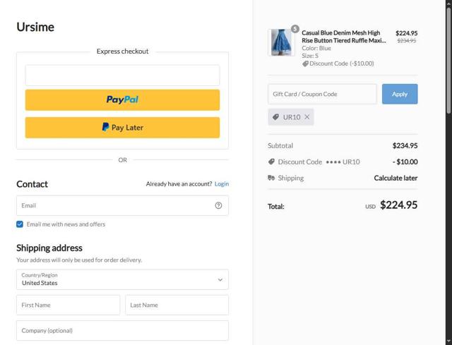 Ursime checkout page showing Ursime coupon code box | Screenshot taken by SimplyCodes community member on Sep 11, 2025
