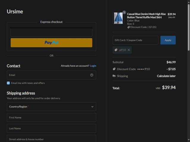 Ursime checkout page showing Ursime coupon code box | Screenshot taken by SimplyCodes community member on Sep 12, 2025