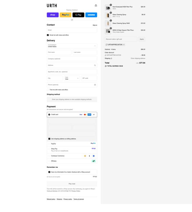 Urth checkout page showing Urth discount code box | Screenshot taken by SimplyCodes community member on Sep 15, 2025
