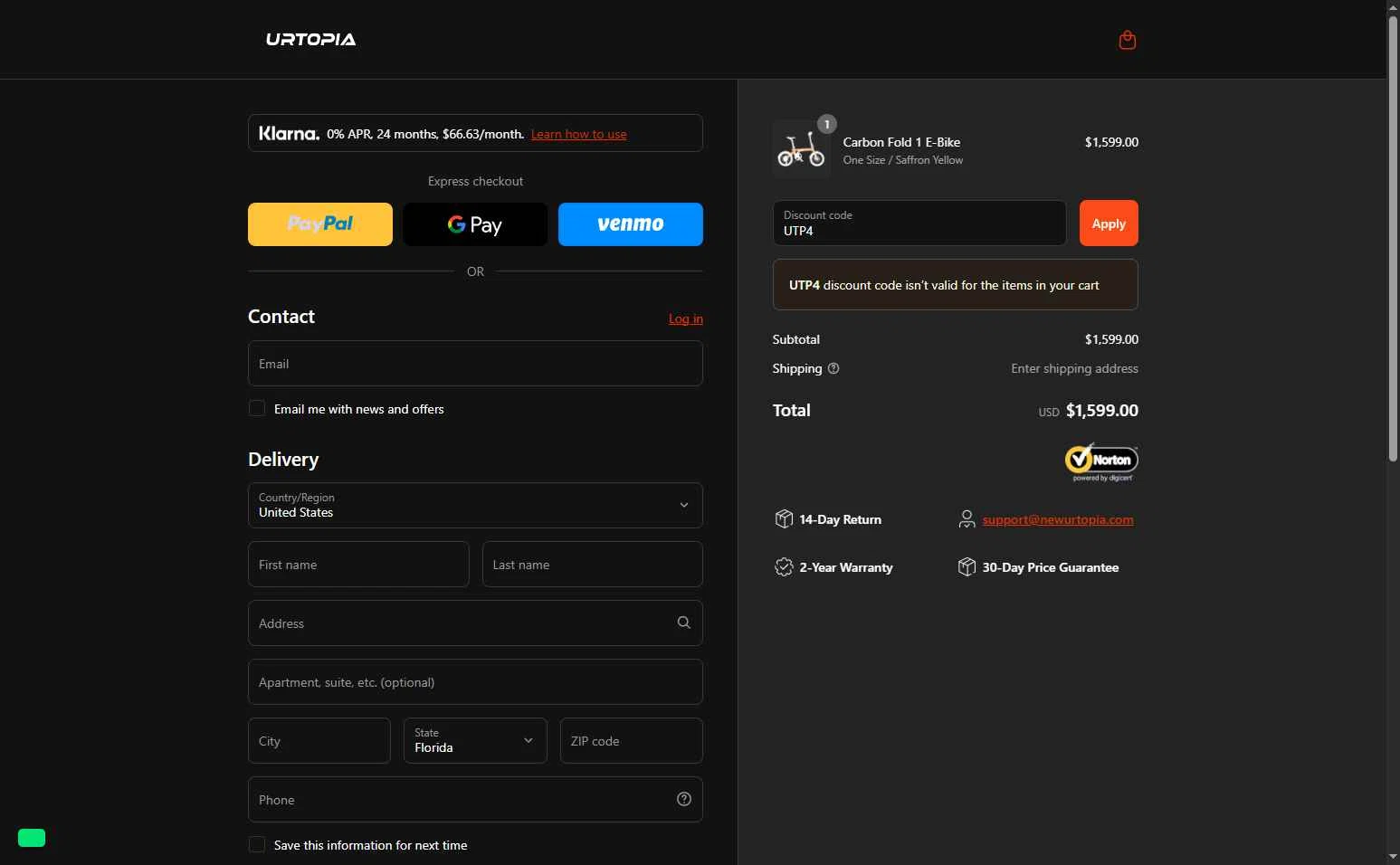 Urtopia checkout page showing Urtopia discount code box | Screenshot taken by SimplyCodes community member on Aug 13, 2025