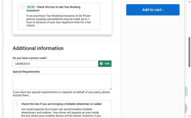 USA Guided Tours checkout page showing USA Guided Tours promo code box | Screenshot taken by SimplyCodes community member on Aug 8, 2025