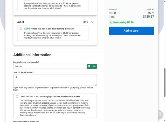 USA Guided Tours checkout page showing USA Guided Tours promo code box | Screenshot taken by SimplyCodes community member on Aug 8, 2025