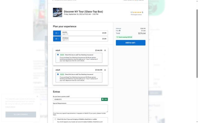 USA Guided Tours checkout page showing USA Guided Tours promo code box | Screenshot taken by SimplyCodes community member on Sep 6, 2025