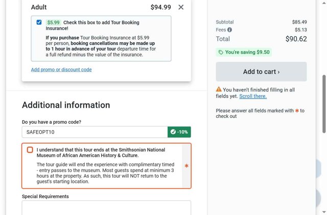 USA Guided Tours checkout page showing USA Guided Tours promo code box | Screenshot taken by SimplyCodes community member on Aug 8, 2025