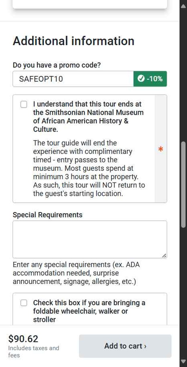USA Guided Tours checkout page showing USA Guided Tours promo code box | Screenshot taken by SimplyCodes community member on Jul 22, 2025