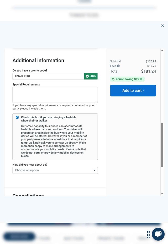 USA Guided Tours checkout page showing USA Guided Tours promo code box | Screenshot taken by SimplyCodes community member on Jul 26, 2025