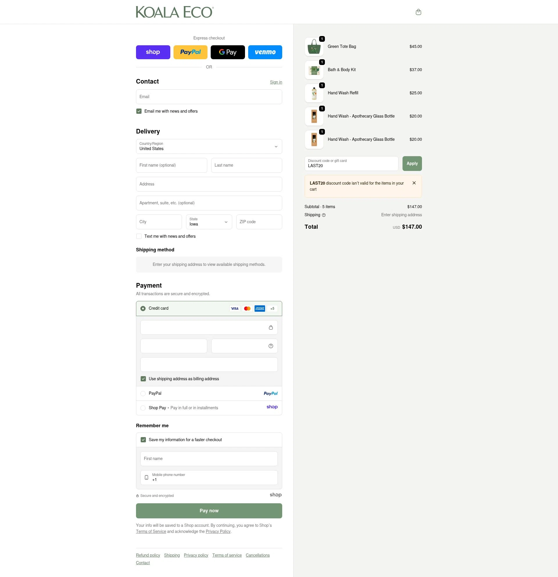 USA Koala Eco checkout page showing USA Koala Eco promo code box | Screenshot taken by SimplyCodes community member on Dec 15, 2025