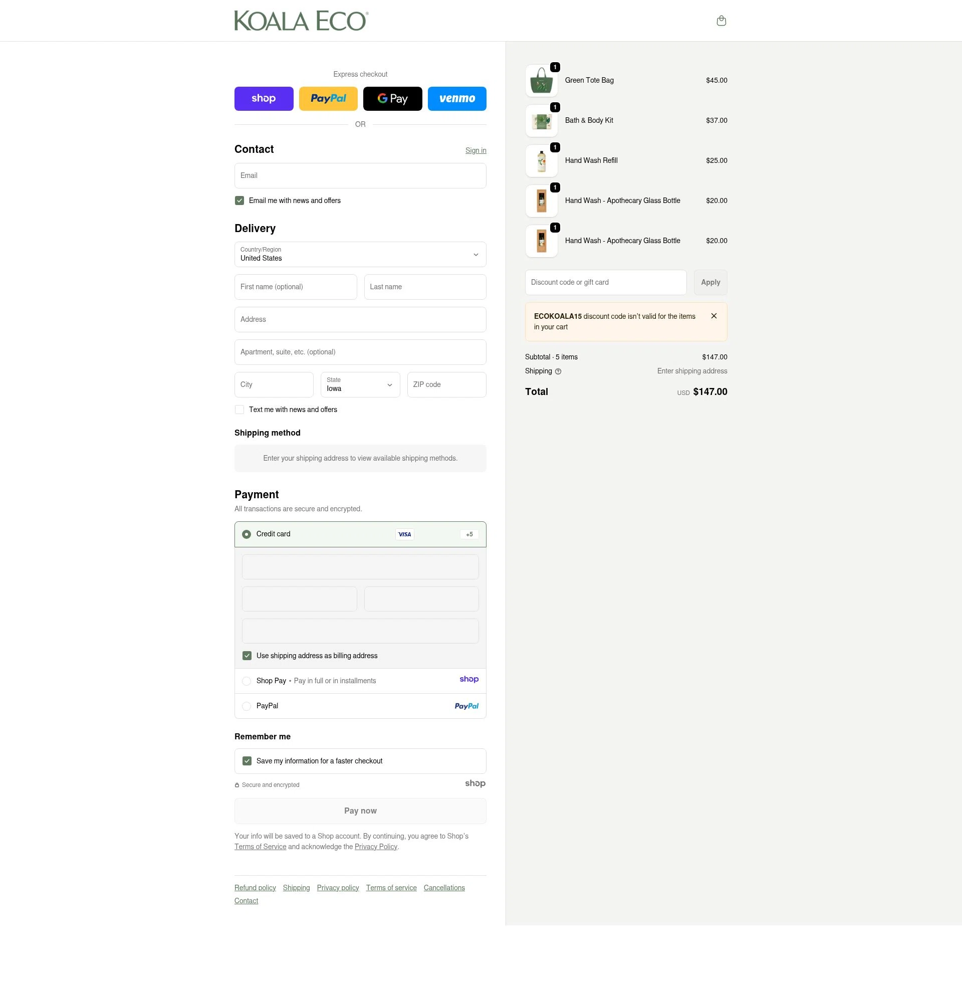 USA Koala Eco checkout page showing USA Koala Eco promo code box | Screenshot taken by SimplyCodes community member on Dec 23, 2025