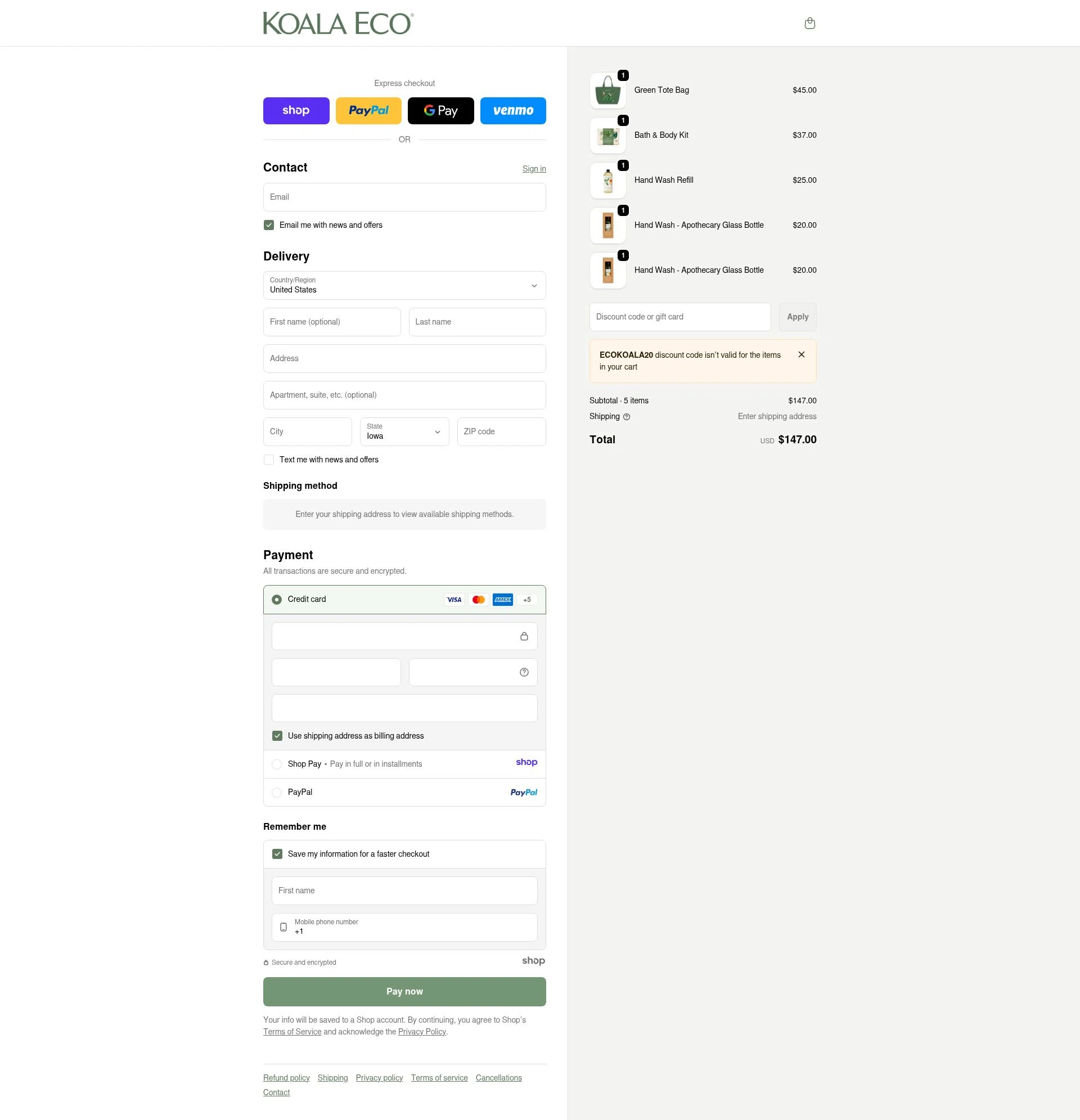 USA Koala Eco checkout page showing USA Koala Eco promo code box | Screenshot taken by SimplyCodes community member on Dec 23, 2025
