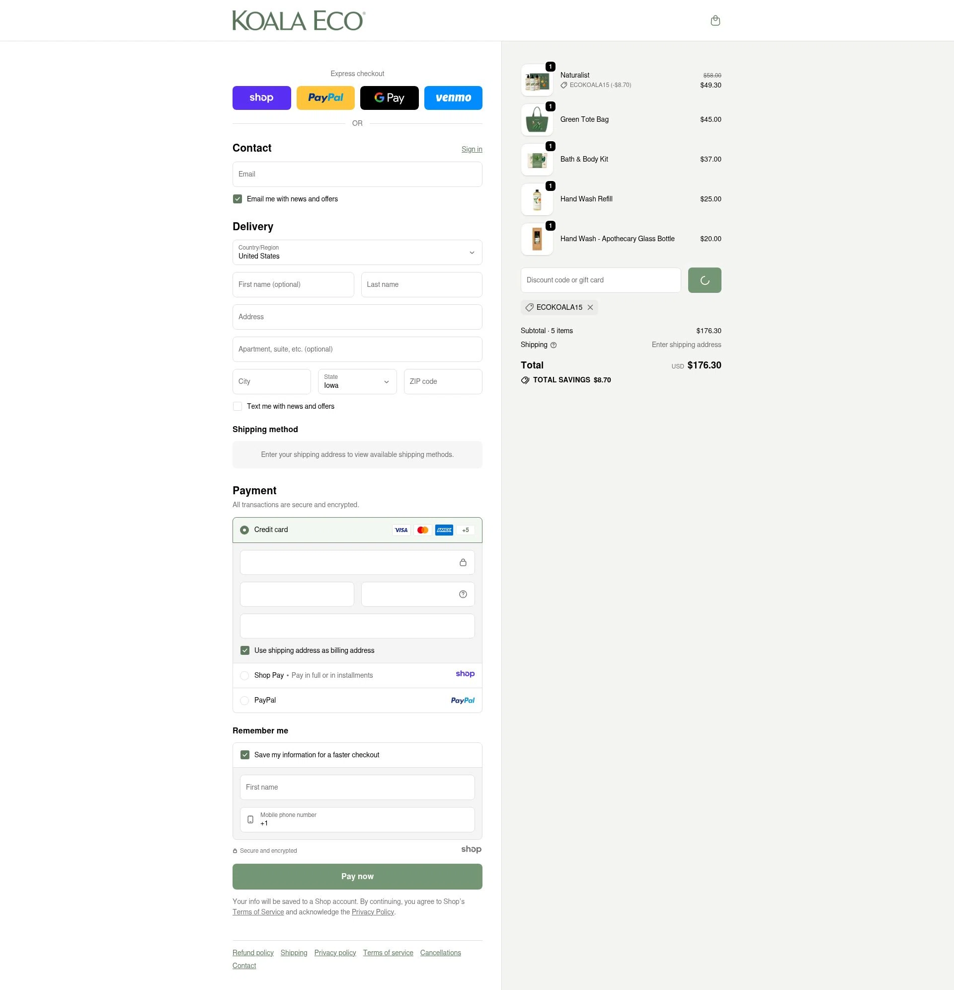 USA Koala Eco checkout page showing USA Koala Eco promo code box | Screenshot taken by SimplyCodes community member on Jan 1, 2026