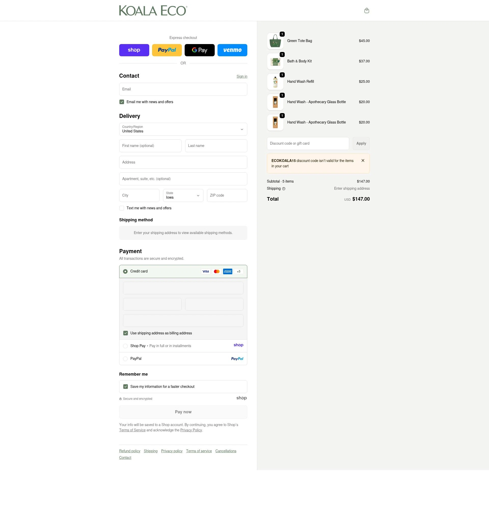 USA Koala Eco checkout page showing USA Koala Eco promo code box | Screenshot taken by SimplyCodes community member on Dec 27, 2025