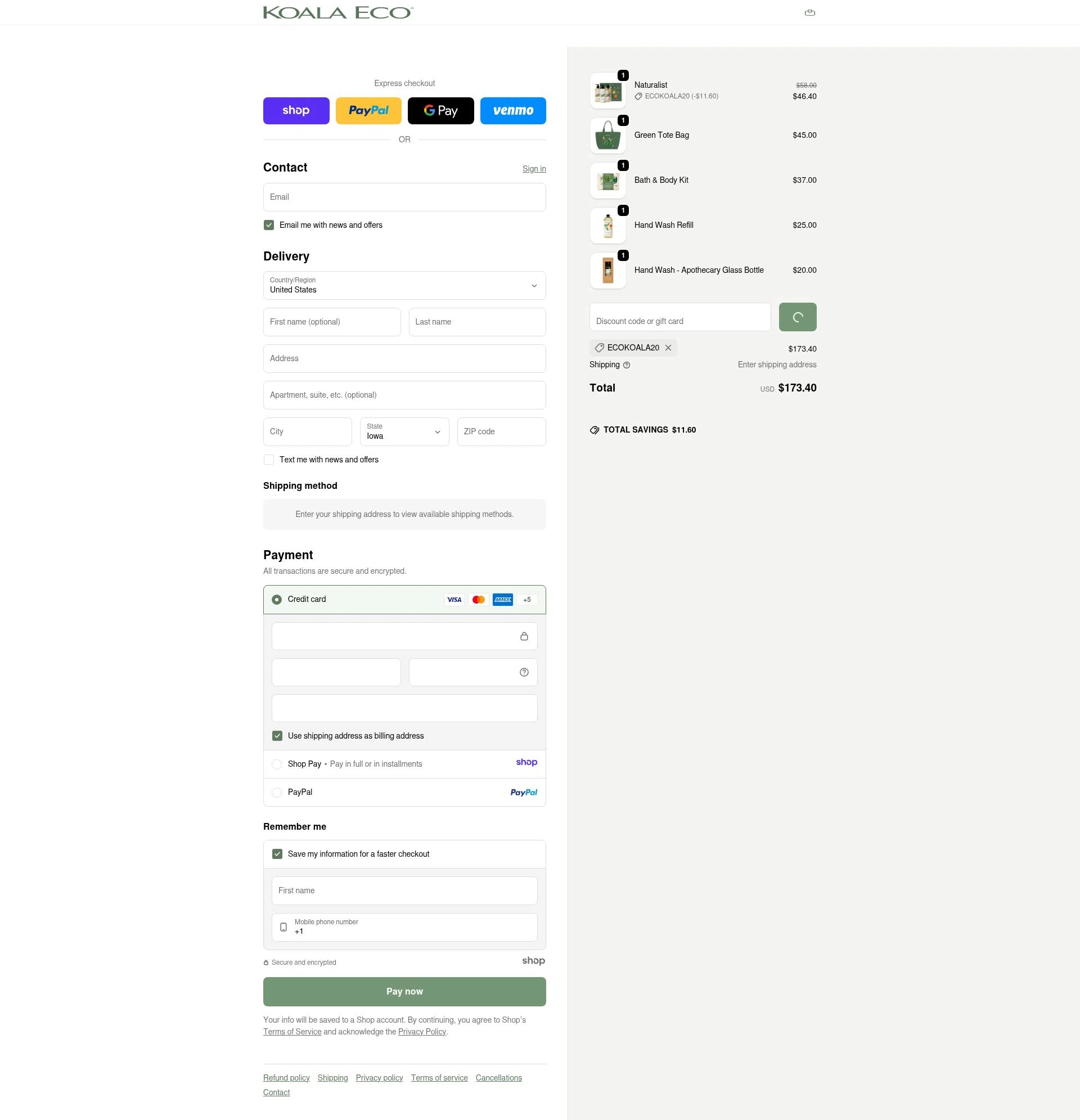 USA Koala Eco checkout page showing USA Koala Eco promo code box | Screenshot taken by SimplyCodes community member on Jan 1, 2026