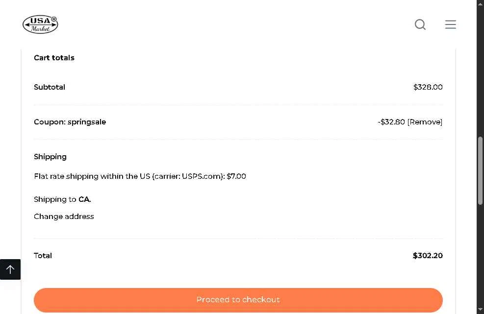 USA-Market checkout page showing USA-Market promo code box | Screenshot taken by SimplyCodes community member on May 11, 2025