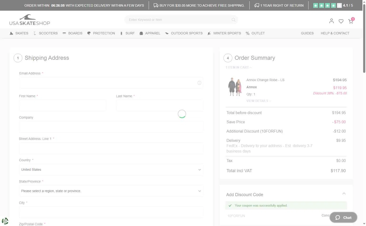 USA SkateShop checkout page showing USA SkateShop discount code box | Screenshot taken by SimplyCodes community member on Jul 25, 2025