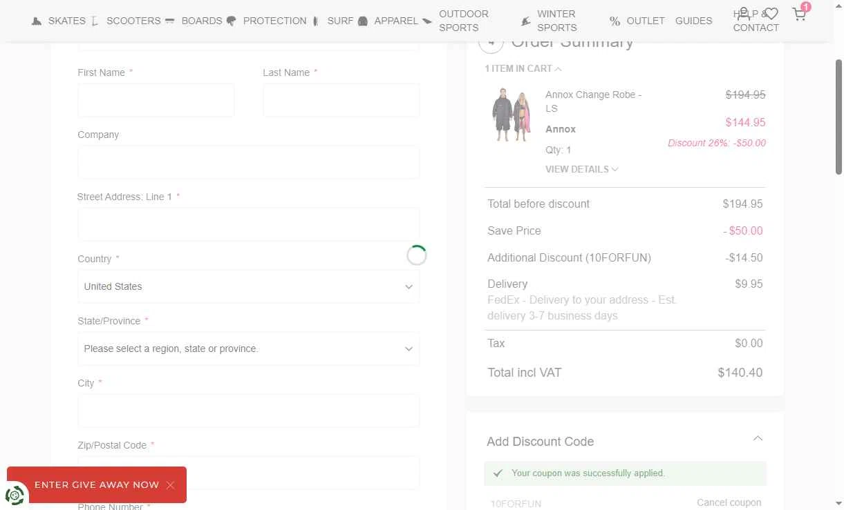 USA SkateShop checkout page showing USA SkateShop discount code box | Screenshot taken by SimplyCodes community member on Oct 21, 2025