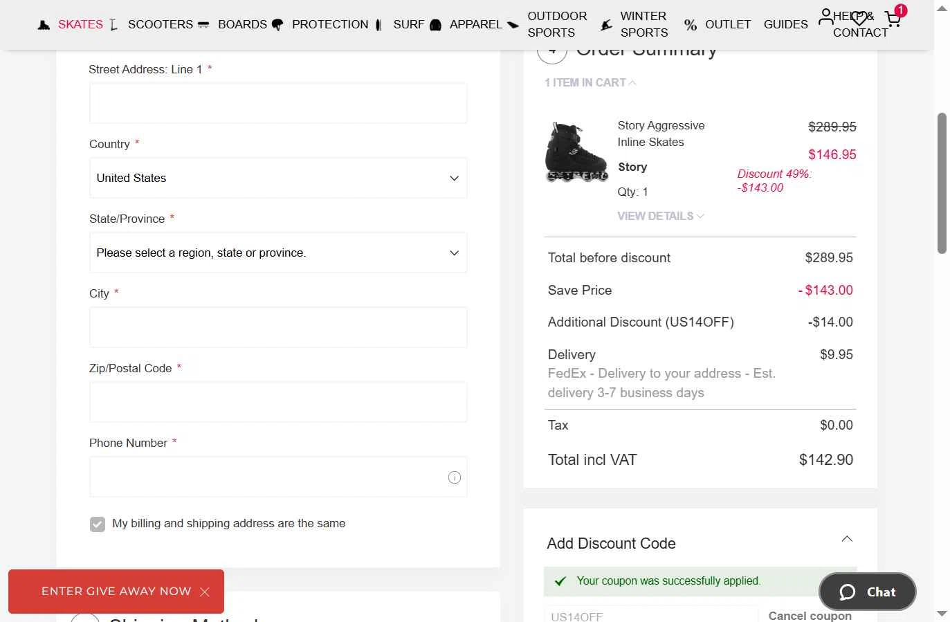 USA SkateShop checkout page showing USA SkateShop discount code box | Screenshot taken by SimplyCodes community member on Jul 23, 2025
