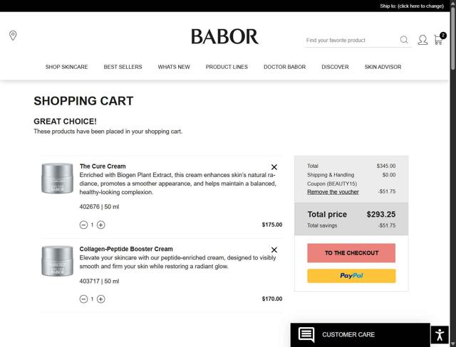 BABOR checkout page showing BABOR coupon code box | Screenshot taken by SimplyCodes community member on Sep 7, 2025
