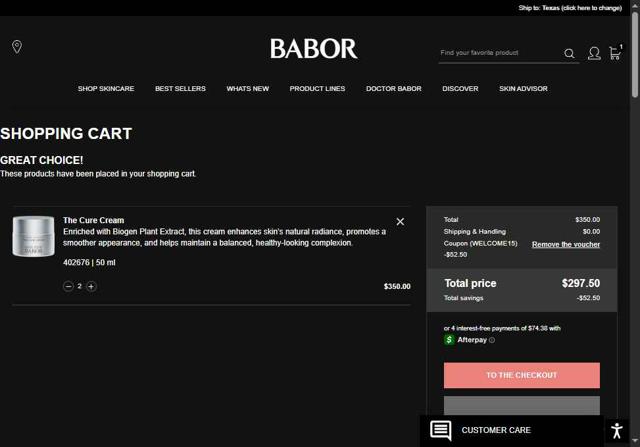BABOR checkout page showing BABOR coupon code box | Screenshot taken by SimplyCodes community member on Sep 5, 2025