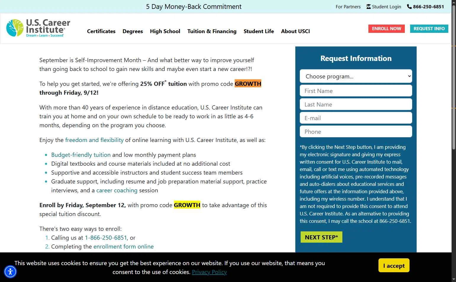 U.S. Career Institute checkout page showing U.S. Career Institute promo code box | Screenshot taken by SimplyCodes community member on Sep 14, 2025