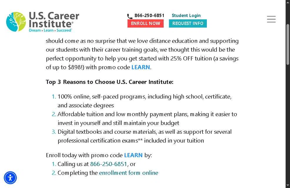U.S. Career Institute checkout page showing U.S. Career Institute promo code box | Screenshot taken by SimplyCodes community member on Nov 3, 2025