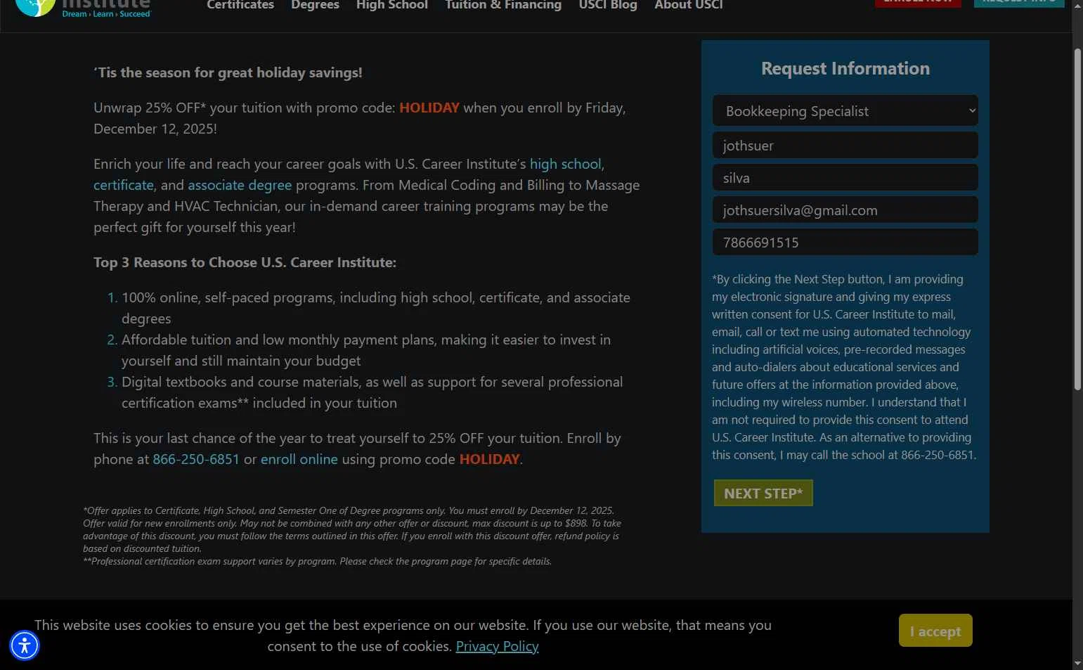 U.S. Career Institute checkout page showing U.S. Career Institute promo code box | Screenshot taken by SimplyCodes community member on Dec 19, 2025
