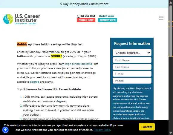 U.S. Career Institute checkout page showing U.S. Career Institute promo code box | Screenshot taken by SimplyCodes community member on Nov 28, 2025