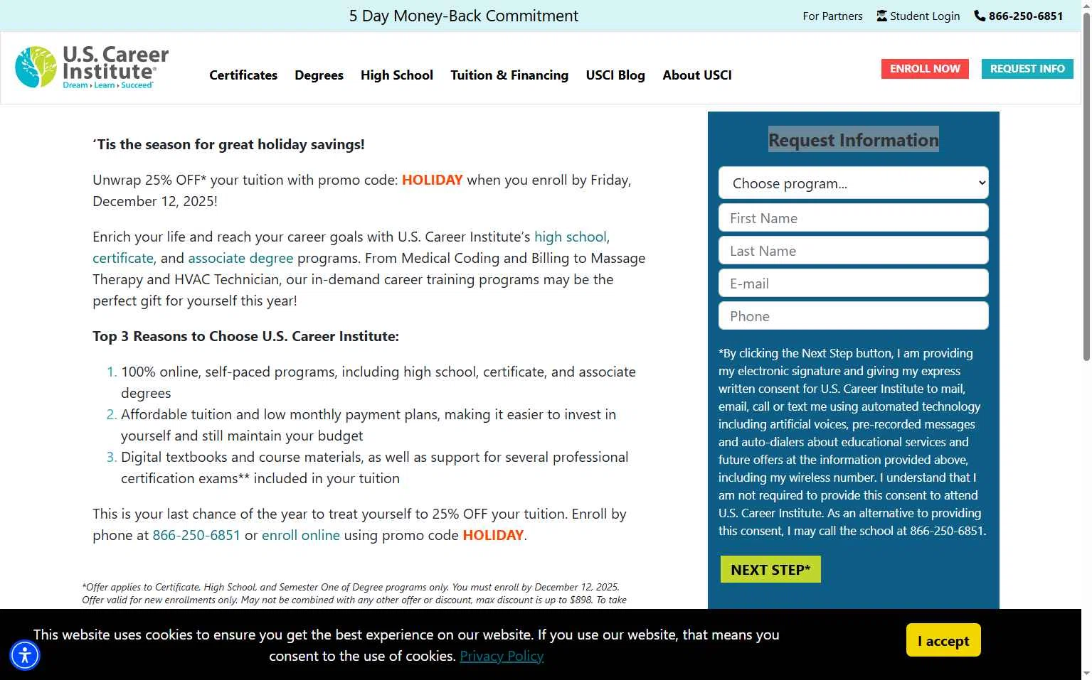 U.S. Career Institute checkout page showing U.S. Career Institute promo code box | Screenshot taken by SimplyCodes community member on Dec 13, 2025