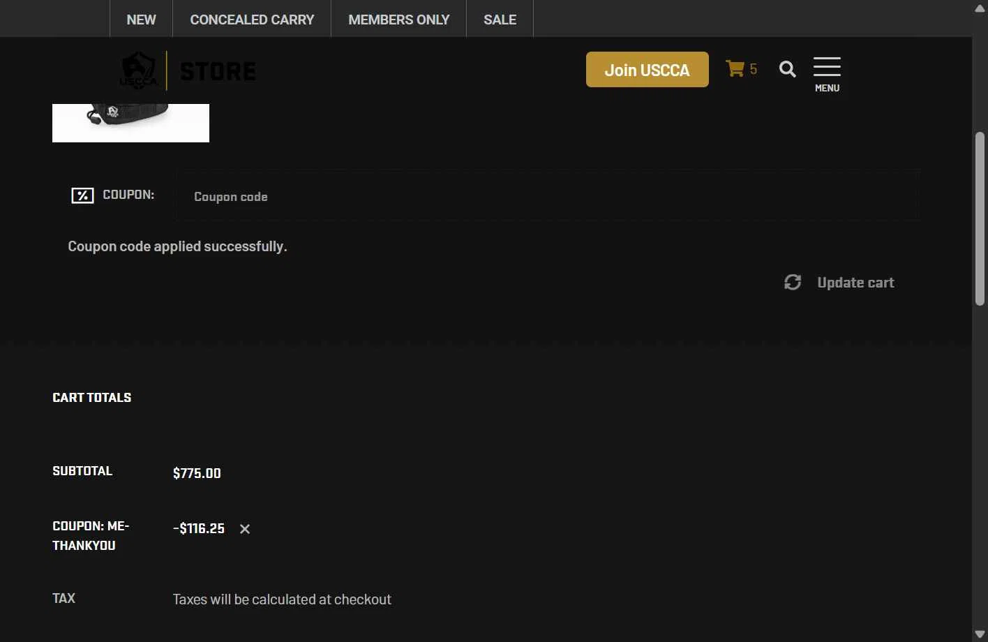 USCCA checkout page showing USCCA coupon code box | Screenshot taken by SimplyCodes community member on Feb 1, 2026