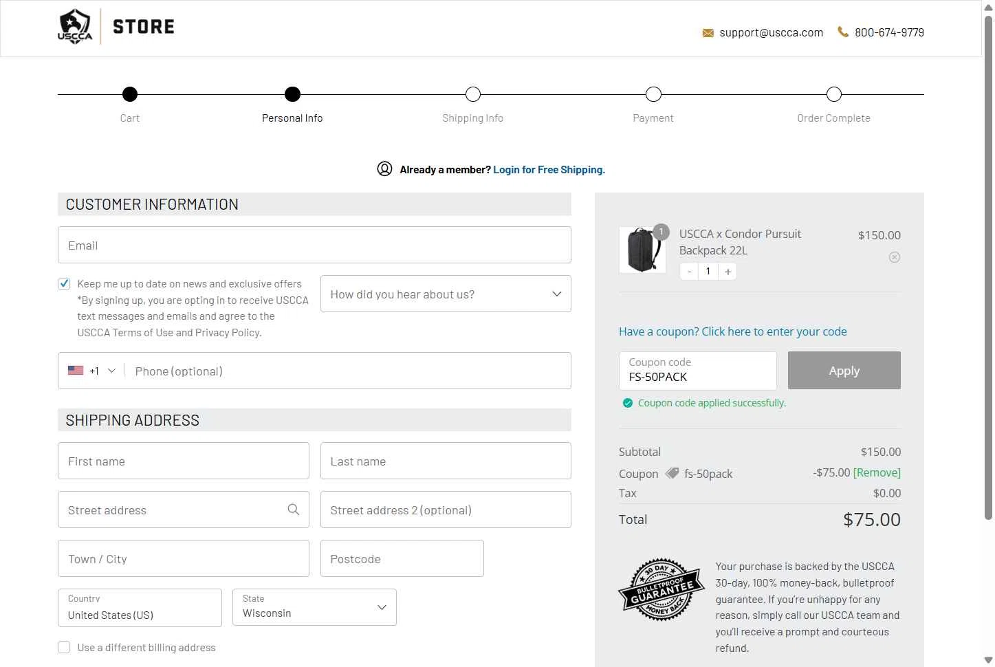 USCCA checkout page showing USCCA coupon code box | Screenshot taken by SimplyCodes community member on Oct 16, 2025