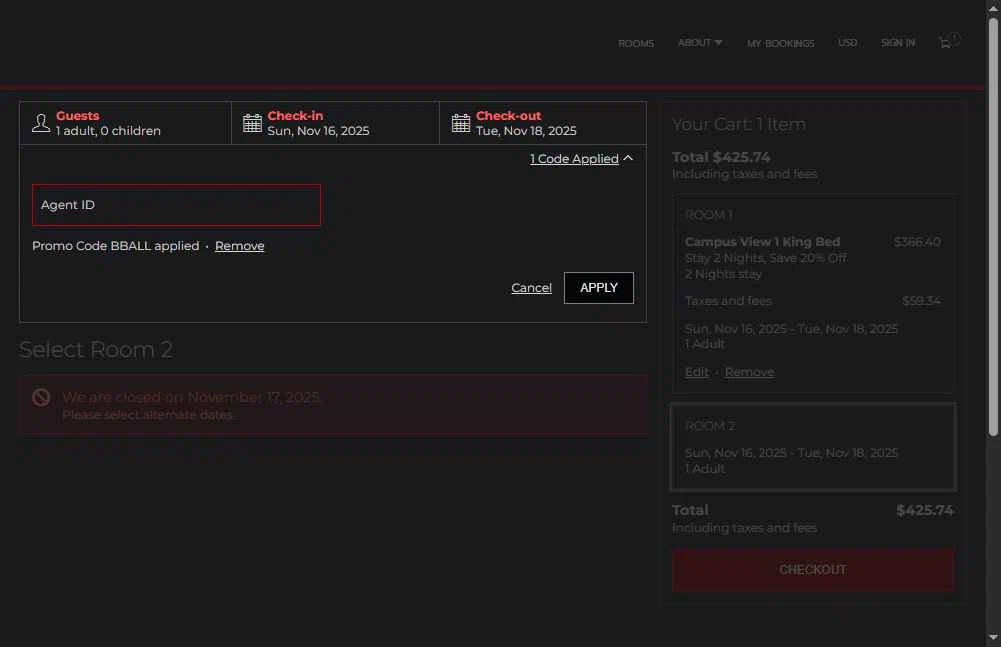 USC Hotel checkout page showing USC Hotel promo code box | Screenshot taken by SimplyCodes community member on Nov 15, 2025
