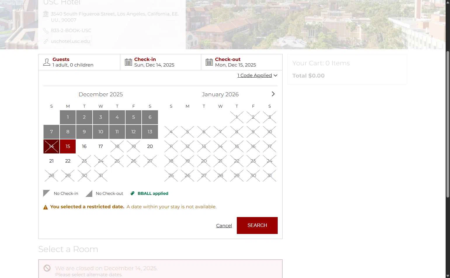 USC Hotel checkout page showing USC Hotel promo code box | Screenshot taken by SimplyCodes community member on Dec 14, 2025